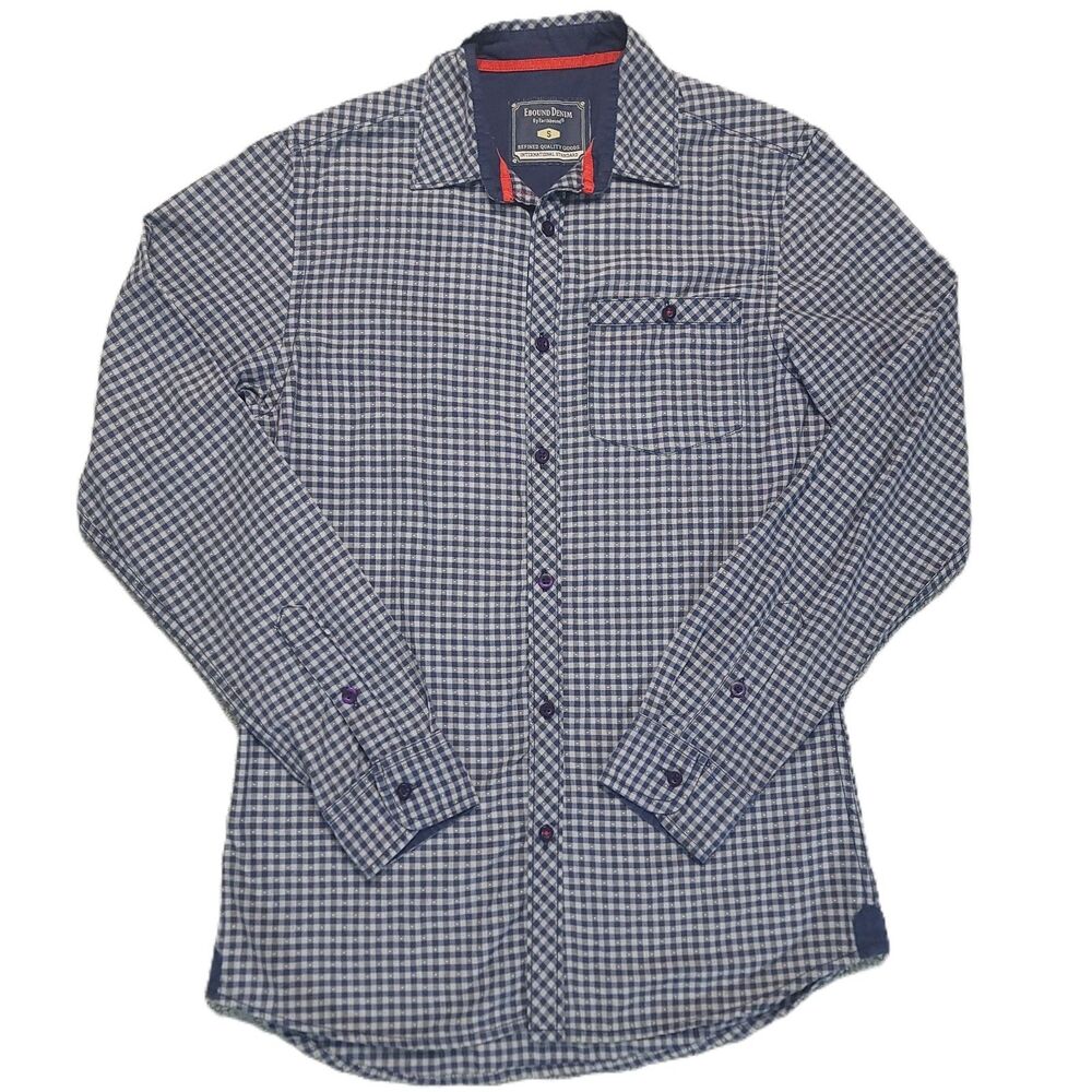 Earthbound Mens S Shirt Button Up Long Sleeve Blue White Check Pocket